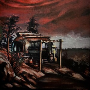May include: An oil painting depicts a vintage camper under a dramatic, red-toned sky with lightning. The camper has a striped awning and is surrounded by trees and rocks, creating a moody, atmospheric scene. The artwork evokes a sense of adventure and the outdoors.