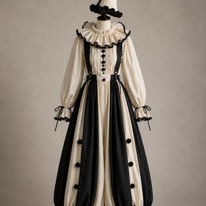 May include: A cream and black ensemble featuring a long-sleeved blouse with a ruffled collar, a pair of high-waisted wide-leg trousers with vertical stripes and decorative buttons, and a matching cone-shaped hat with a black pom-pom.