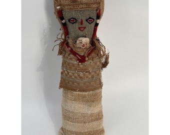 Vintage Chancay Peruvian Funerary Doll 10.5" Tall Mother & Child Burial Doll