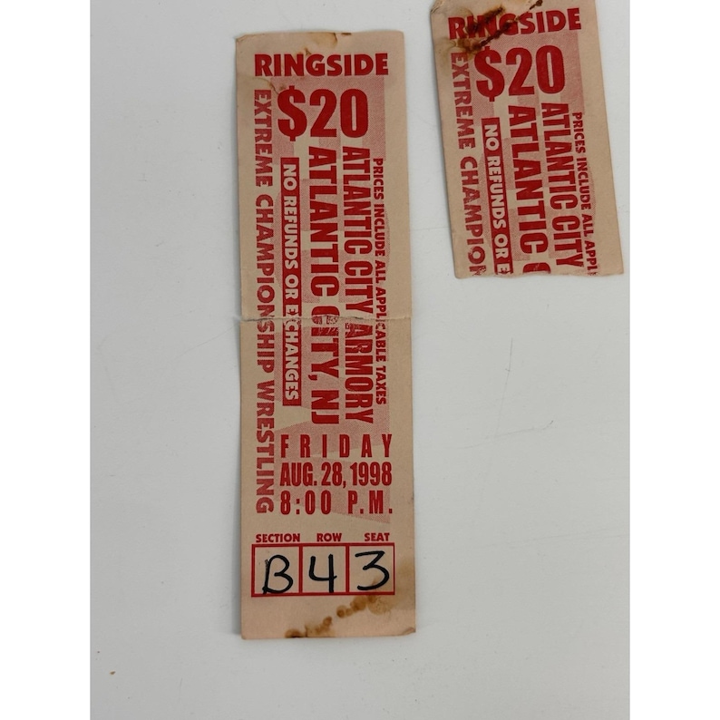Vintage ECW Live Event Tickets Wildwood NJ August 1998 Ringside Ticket Stubs image 2