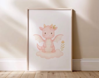 Art pour chambre de bébé dragon rose doux - décoration aquarelle pour chambre de bébé fille