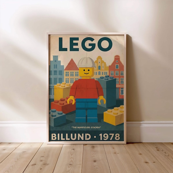Vintage 1978 Brick Toy Poster - "The Classic Figure Is Born" Billund Print - Retro 70s Building Block Nursery Art - Mid-Century Decor