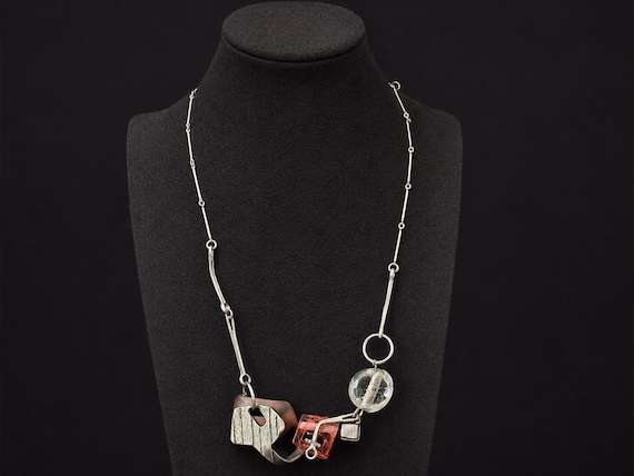 Architectural Glass Wood Necklace Industrial Pewter Wearable Sculpture Anne Marie Chagnon