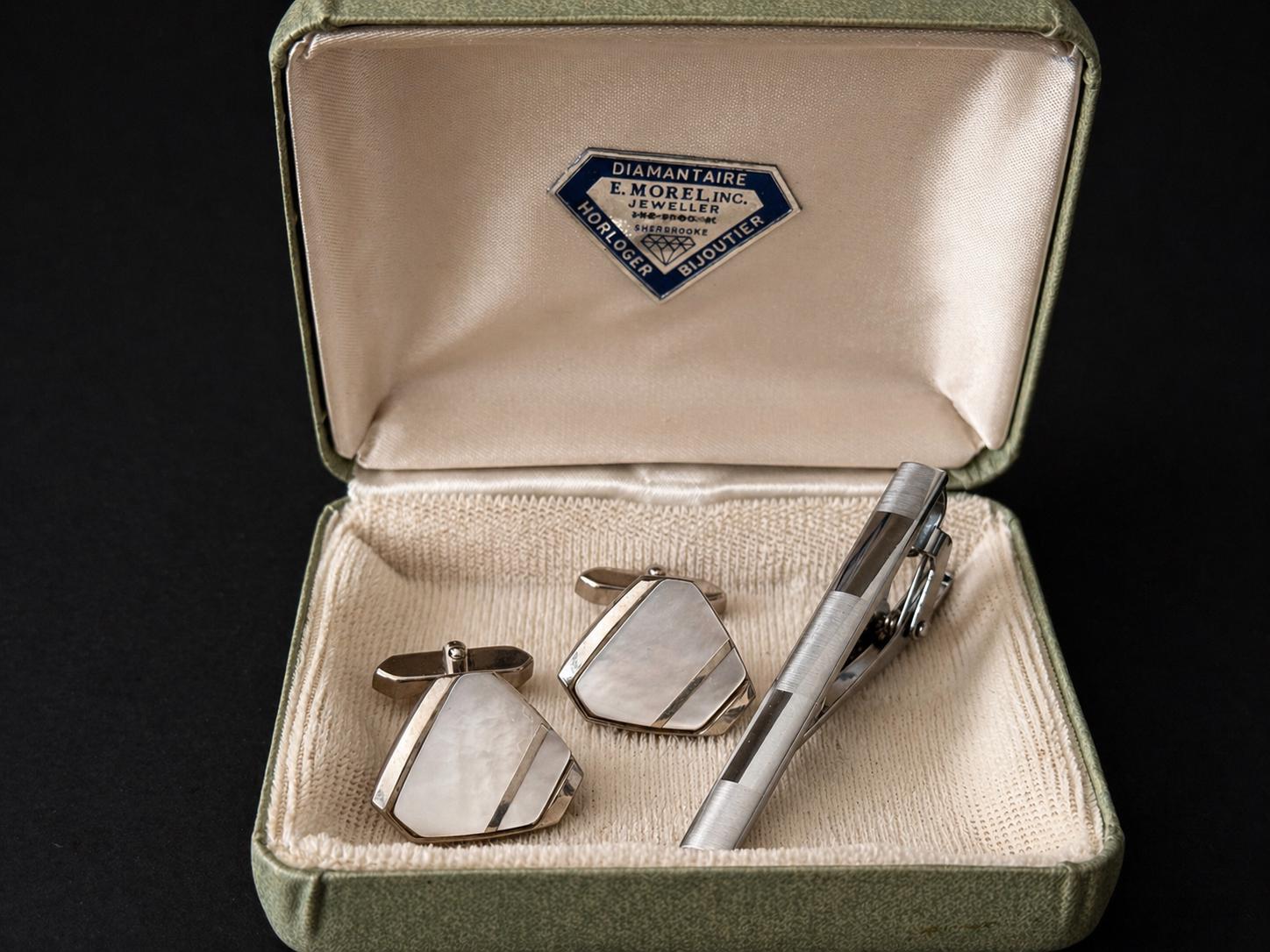 Vintage Boxed Cufflinks and Tie Clip Set Geometric Mother of Pearl, Art Deco revival