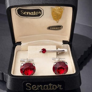 Vintage Sherman Cufflinks Set Red Rhinestone Tie Clip Box Signed Mid Century Groom Gift