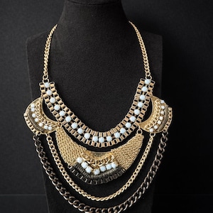 Statement Tribal Necklace Layered Chains Milk Glass Gunmetal Silver Tone Bold Bib