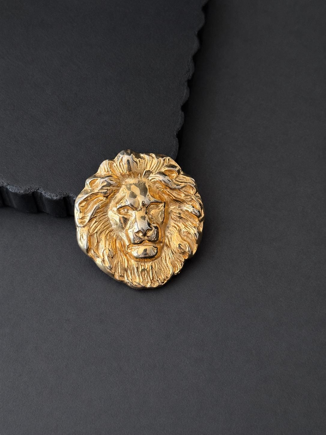 Large Sculptural Lion Head Brooch High Relief Gold Tone Statement Jewelry