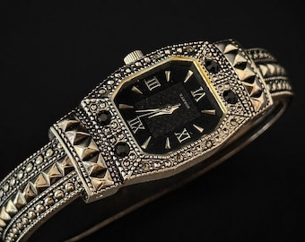 Vintage Art Deco Cuff Watch Marcasite Style Bracelet, Black Dial Roman Numerals Statement Jewelry