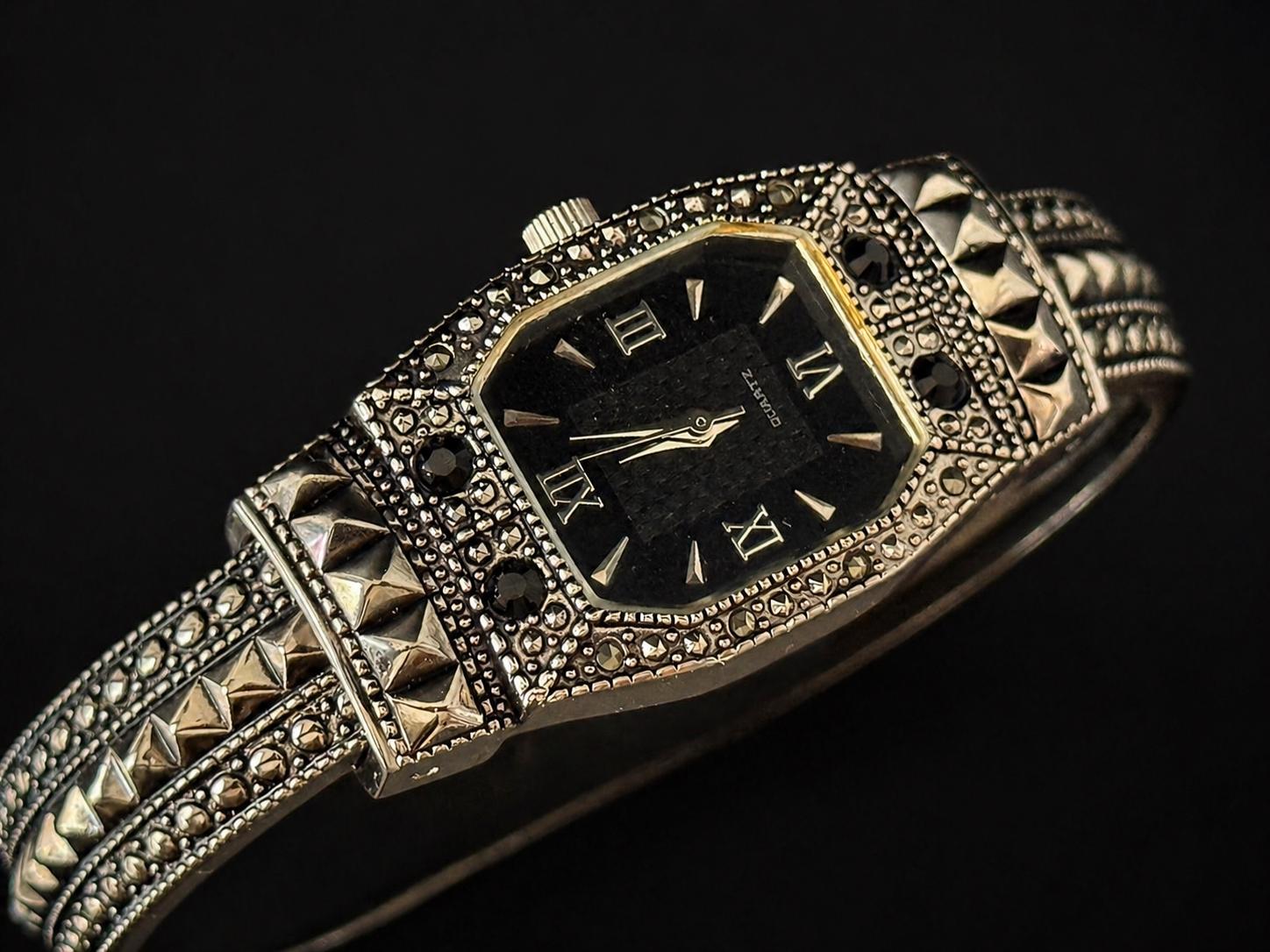 Vintage DBJ 925 Sterling Marcasite Abalone Bracelet Watch Art Deco Quartz Works Vintage Silver Marcasite Art Deco Style Watch  main image 3