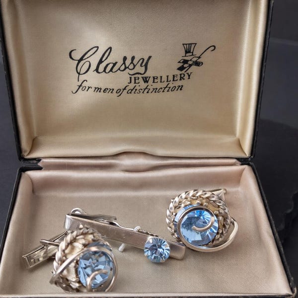 Vintage Boxed Cufflinks and Tie Clip Set Blue Rivoli Glass 1950s Men Jewelry