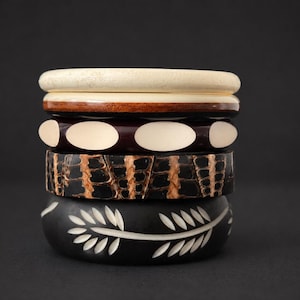 Vintage Bangles Collection Bakelite Wood Resin Bracelet Stack Boho Eclectic Statement Jewelry