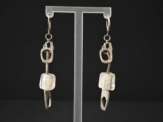 Architectural Modernist Long Drop Earrings Anne-Marie Chagnon Pewter Resin Wearable Art