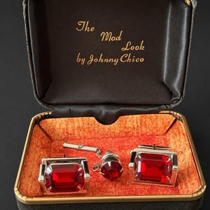 Vintage Ruby Red Cufflinks Set Gothic Gentleman Vampire Style, Boxed