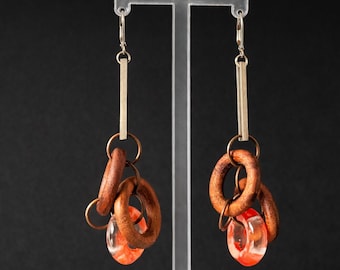 Vintage Wooden Statement Earrings Red Resin Dangle Boho Artisan Organic Sculptural Earrings