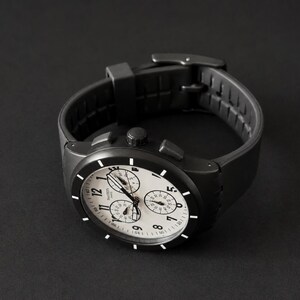 K&ouml;nnte beinhalten: Eine schwarze Armbanduhr mit wei&szlig;em Zifferblatt und schwarzen Zeigern. Die Uhr hat drei kleinere Zifferbl&auml;tter und ein schwarzes Kautschukarmband. Die Uhr ist vor einem dunklen Hintergrund platziert.