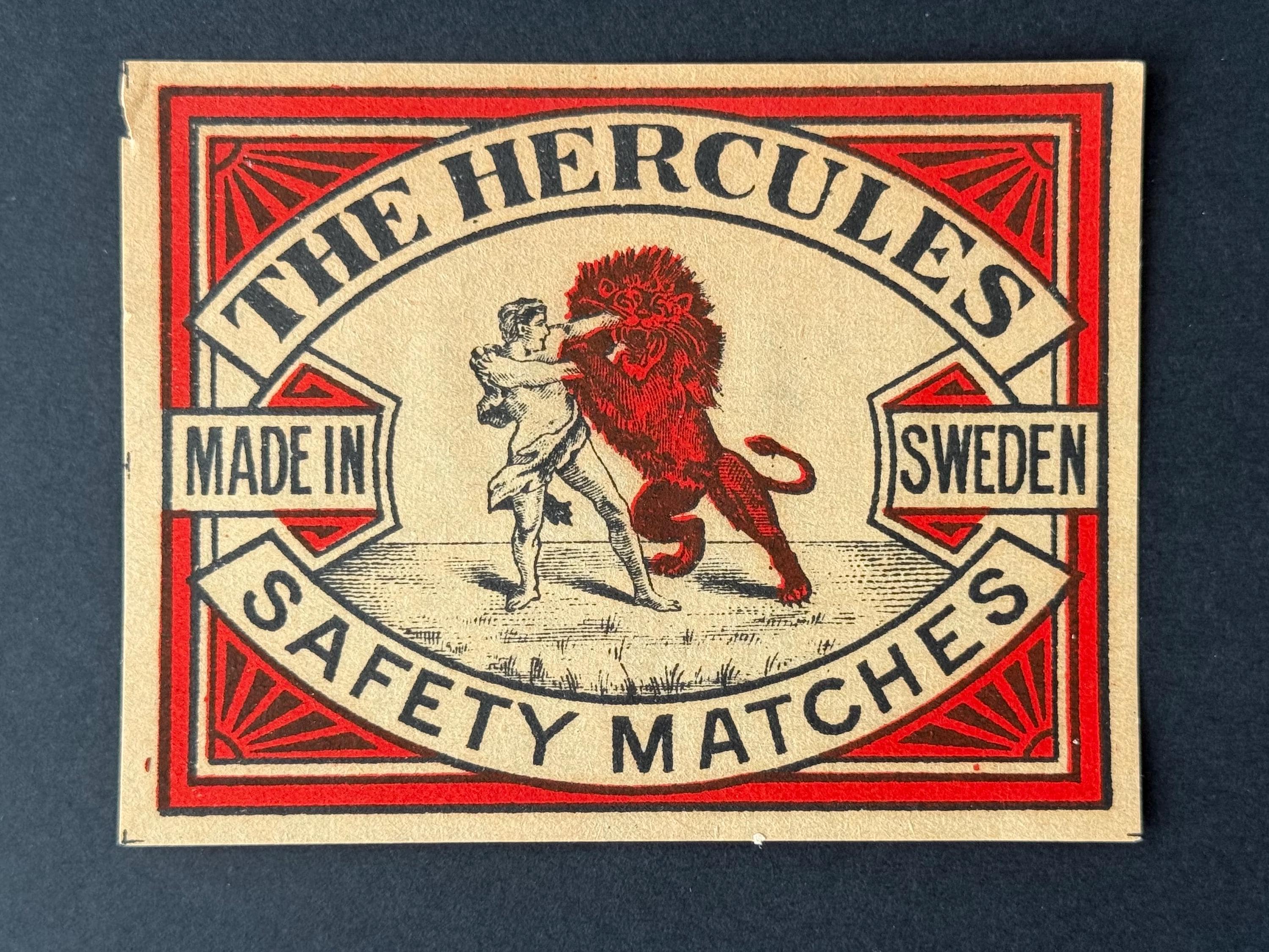 Vintage “the Hercules” Matchbox Label – Swedish Lion Wrestling