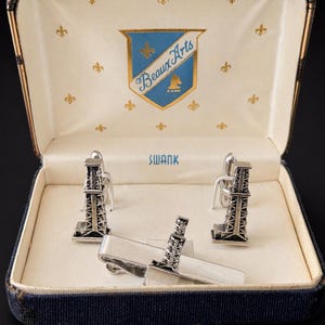 Vintage Swank Oil Derrick Cufflinks Tie Clip Set NOS Industrial 1960s with Original Box