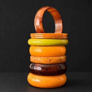 Authentic Vintage Bakelite Bangle Tested Art Deco Butterscotch Carved Marbled Bracelets