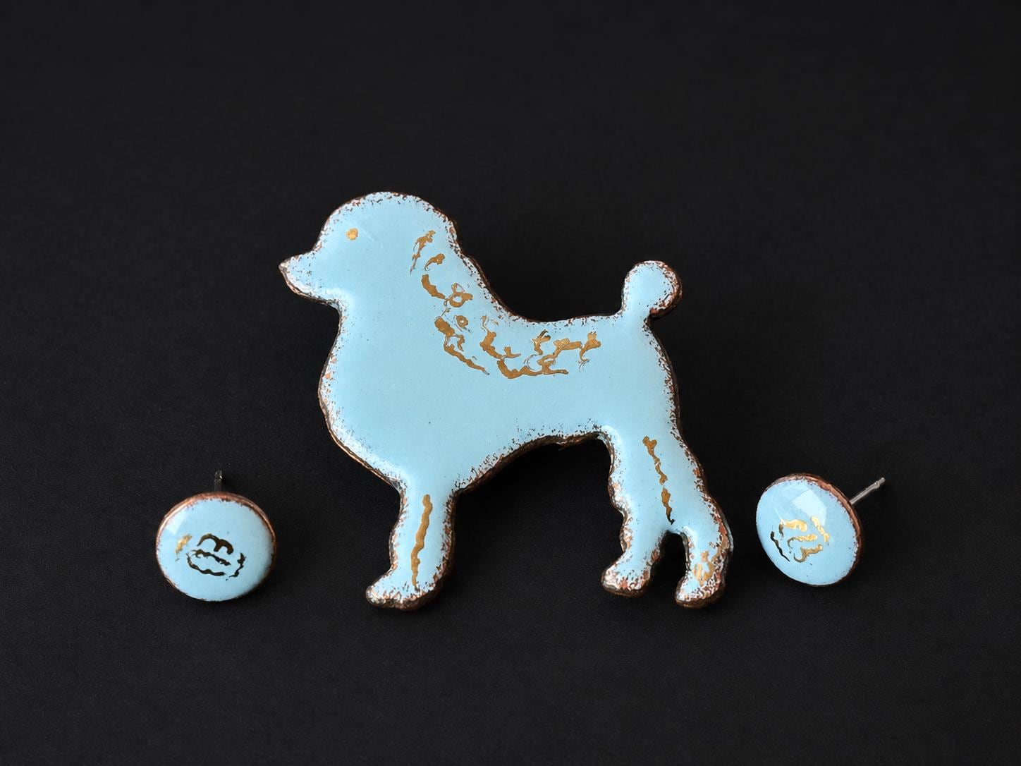 Blue Poodle Enamel Brooch Set — Signed Quebec Studio Artist — Mid