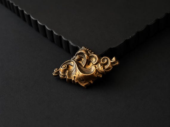 Art Nouveau Stamped Brass, Baroque Scroll Brooch, Rococo Pin Old World Style