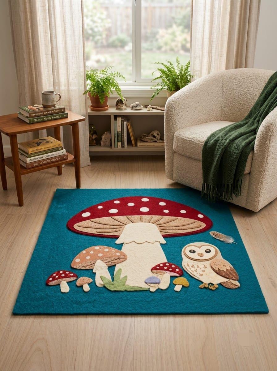 Mushroom Woodland Rug, Forest Area Rug, Owl Mushroom Rug, Cottagecore Rug, Fairycore Decor, Nature R