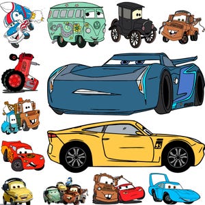 Op de afbeelding: Een verzameling cartoonauto's in verschillende kleuren en stijlen. De afbeelding bevat een blauwe raceauto, een gele sportwagen, een groene bus, een bruine takelwagen en andere voertuigen met geanimeerde gezichten en ontwerpen.