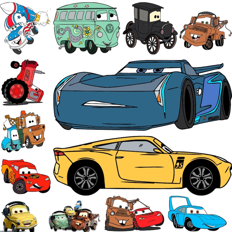 Op de afbeelding: Een verzameling cartoonauto's in verschillende kleuren en stijlen. De afbeelding bevat een blauwe raceauto, een gele sportwagen, een groene bus, een bruine takelwagen en andere voertuigen met geanimeerde gezichten en ontwerpen.