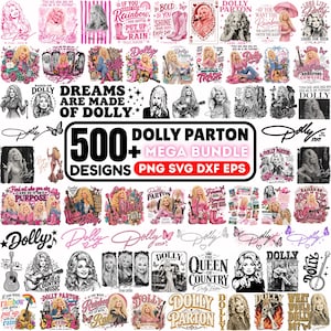 May include: A digital collection of over 500 Dolly Parton graphic designs featuring various illustrations, portraits, and typography. The bundle includes SVG, PNG, DXF, and EPS file formats with pink and black color schemes, showcasing guitars, butterflies, and inspirational quotes.
