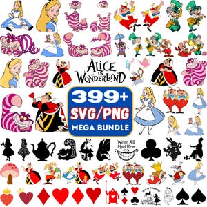 Puede incluir: Una colección de ilustraciones coloridas con personajes de "Alicia en el país de las maravillas". Las imágenes incluyen a Alicia, el Gato de Cheshire, la Reina de Corazones y otras figuras icónicas. El paquete incluye más de 399 archivos SVG y PNG.