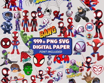 Spidey Clipart Bundle, Spidey SVG, Spidey und seine fantastischen Freunde png und digitale Papiere, Superheld SVG, Spidey Alphabet, digitaler Download