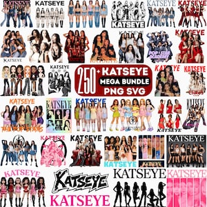 以下が含まれることがあります： 音楽グループKatseyeの様々な集合写真、イラスト、シルエットを収録した250種類のデジタルグラフィックコレクション。バンドルにはPNGおよびSVGファイルが含まれており、Katseye、Pop Star Academy、The Pop Starsのテキストが表示されています。