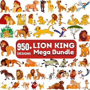 Puede incluir: Una colección de ilustraciones de leones de dibujos animados en varias poses y estilos. La imagen incluye el texto "950+ LION KING DESIGNS Mega Bundle" en un rectángulo rojo. Los leones son en tonos de amarillo, marrón y naranja.