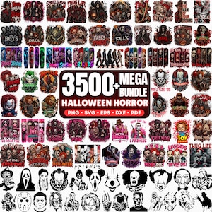 Puede incluir: Una colección digital de más de 3500 diseños gráficos de terror de Halloween con varios villanos de películas icónicas, monstruos y personajes espeluznantes en ilustraciones a todo color y siluetas en blanco y negro.