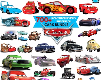 Op de afbeelding: Een digitale collectie van diverse geanimeerde autokarakters uit de Cars-franchise, met rode raceauto's met nummer 95, takelwagens, politievoertuigen en sportauto's, met de tekst 700+ SVG/PNG/DXF/PDF/PNG/EPS/AI CARS BUNDLE.
