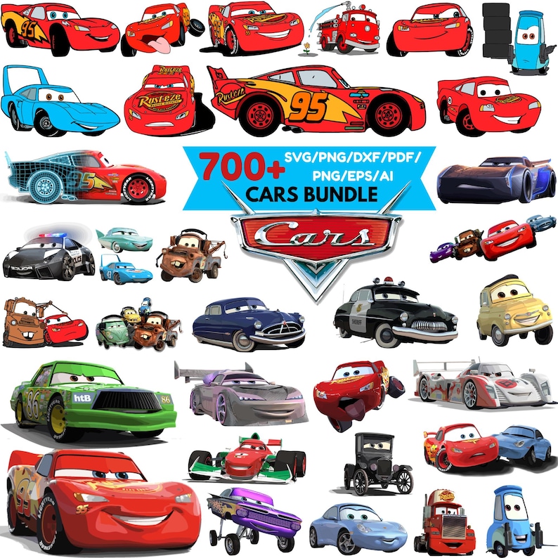 Op de afbeelding: Een digitale collectie van diverse geanimeerde autokarakters uit de Cars-franchise, met rode raceauto's met nummer 95, takelwagens, politievoertuigen en sportauto's, met de tekst 700+ SVG/PNG/DXF/PDF/PNG/EPS/AI CARS BUNDLE.