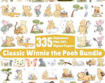 Winnie the Pooh Watercolor Digital Kit, Classic Winnie The Pooh PNG Clipart Bundle, Vintage Pooh Baby Shower, Nursery Digital Download