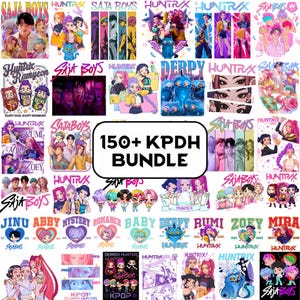 May include: A collection of colorful K-Pop-themed graphics and illustrations. The images feature various characters, logos, and text, including "SAJA BOYS," "HUNTR/X," and "150+ KPDH BUNDLE." The designs showcase a variety of styles and colors.