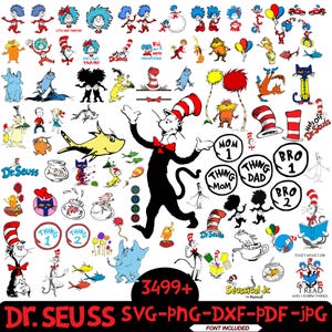 Op de afbeelding: Een verzameling illustraties en graphics met het thema Dr. Seuss. De afbeelding toont personages als de Cat in the Hat, Thing 1 en Thing 2, en diverse citaten en zinnen. De afbeelding bevat de tekst "3499+" en "Dr. SEUSS SVG-PNG-DXF-PDF-JPG".