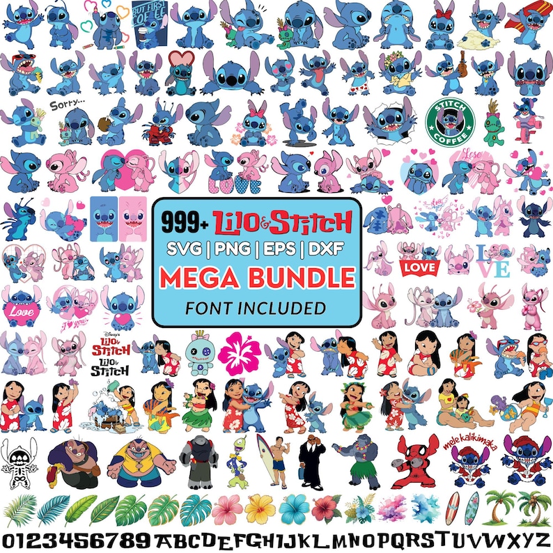 Lilo and Stitch Clipart Bundle, Lilo and Stitch SVG PNG, Cute Lilo, Stitch, Angel Watercolor Clipart Hand drawn Stitch Art, Lilo & Angel PNG