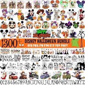 Puede incluir: Una colección digital de gráficos con temática de Halloween que presenta personajes de Disney como Mickey Mouse, Winnie the Pooh y Jack Skellington, con textos como Happy Halloween, Hocus Pocus y varios conjuntos de letras.