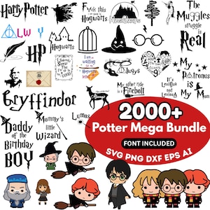 Op de afbeelding: Een verzameling Harry Potter-thema graphics en tekstelementen. Bevat zinnen als "Always", "Gryffindor" en "Hogwarts", samen met karakterillustraties en de tekst "2000+ Potter Mega Bundle".