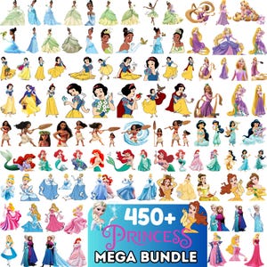 May include: A collection of illustrations of various princesses in different poses and outfits. The princesses are depicted in a variety of styles, with different skin tones, hair colours, and dress designs. The image includes the text "450+ Princess Mega Bundle."