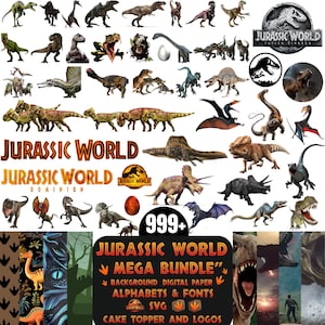 Peut inclure: Une collection d'illustrations et de logos de dinosaures, dont le logo et le texte "Jurassic World". L'image présente divers dinosaures, un œuf, et le texte "999+" et "MEGA BUNDLE". L'image comprend également du papier numérique de fond, des alphabets, des polices, des SVG, des décorations de gâteaux et des logos.