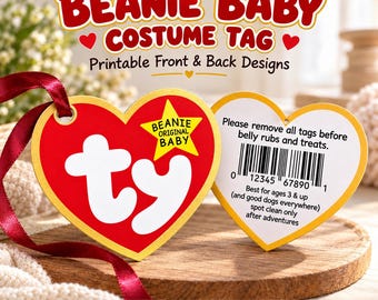 Op de afbeelding: Twee hartvormige labels in rood en wit. De voorkant heeft een gele ster met de tekst BEANIE ORIGINAL BABY en een wit ty-logo. De achterkant bevat een streepjescode, de tekst Please remove all tags before belly rubs and treats, en Best for ages 3 & up.