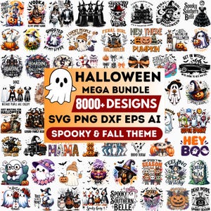 May include: A digital collection of 8000+ Halloween-themed graphic designs in SVG, PNG, DXF, EPS, and AI formats. The central orange and white banner displays the text HALLOWEEN MEGA BUNDLE 8000+ DESIGNS SVG PNG DXF EPS AI SPOOKY & FALL THEME.