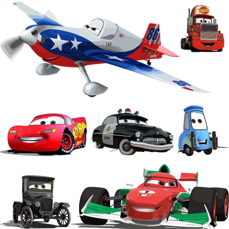 Op de afbeelding: Een verzameling geanimeerde voertuigpersonages, waaronder een rood, wit en blauw vliegtuig met nummer 86, een rode Rust-eze vrachtwagen, een rode racewagen met nummer 95, een zwart-witte politieauto, een blauwe vorkheftruck, een zwarte oldtimer en een rode racewagen.