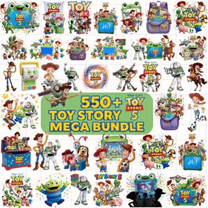 Könnte beinhalten: Eine digitale Sammlung von Toy Story 5 Grafikillustrationen mit Charakteren wie Woody, Buzz Lightyear, Jessie und einem Alien, inklusive verschiedener Logos, dem Text 550+ TOY STORY 5 MEGA BUNDLE und grünen froschförmigen Rahmen.