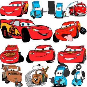 Op de afbeelding: Een verzameling cartoonauto-illustraties in verschillende kleuren. De auto's omvatten een rode raceauto met nummer 95, een blauwe sleepwagen en een rode brandweerwagen. Sommige auto's hebben lachende gezichten.