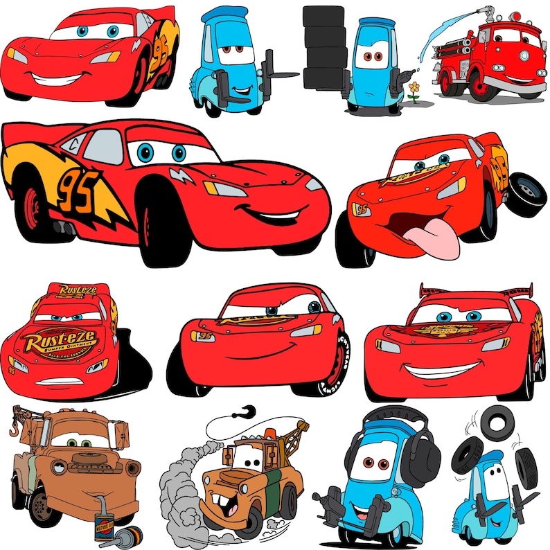 Op de afbeelding: Een verzameling cartoonauto-illustraties in verschillende kleuren. De auto's omvatten een rode raceauto met nummer 95, een blauwe sleepwagen en een rode brandweerwagen. Sommige auto's hebben lachende gezichten.