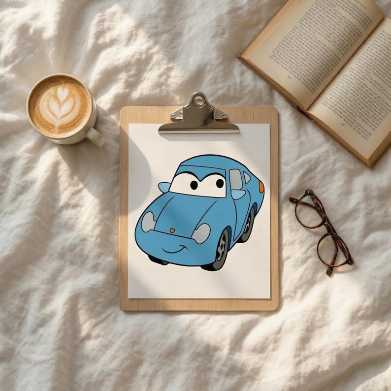 Op de afbeelding: Een lichtblauwe cartoonauto-illustratie op een klembord. De auto heeft grote ogen en een lachende mond. Een open boek, een kopje koffie en een bril zijn ook zichtbaar.
